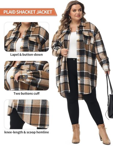 URBEST Women's Long Plaid Shacket, Lapel Button Down Shirt, Oversized Long Sleeve Jacket Side Pocket Knee Length Brushed Coat in Kuwait
