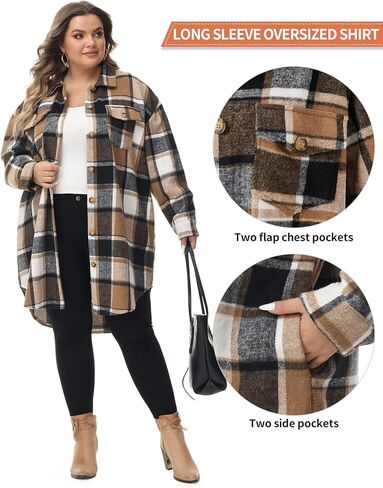 URBEST Women's Long Plaid Shacket, Lapel Button Down Shirt, Oversized Long Sleeve Jacket Side Pocket Knee Length Brushed Coat in Kuwait