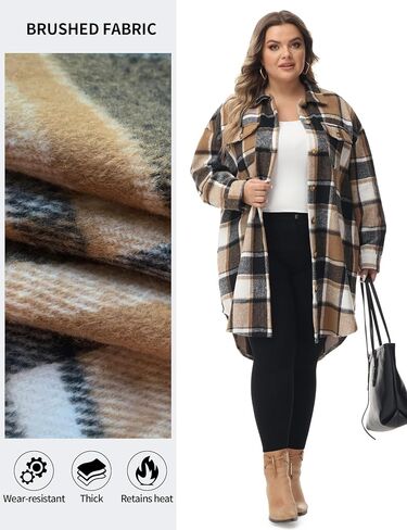 URBEST Women's Long Plaid Shacket, Lapel Button Down Shirt, Oversized Long Sleeve Jacket Side Pocket Knee Length Brushed Coat in Kuwait