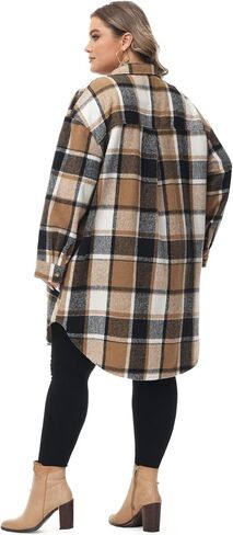 URBEST Women's Long Plaid Shacket, Lapel Button Down Shirt, Oversized Long Sleeve Jacket Side Pocket Knee Length Brushed Coat in Kuwait