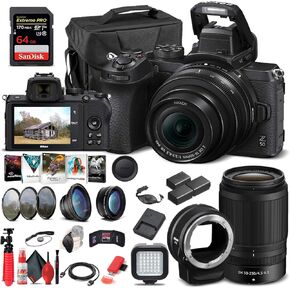 Nikon Z 50 Mirrorless Digital Camera with 16-50mm Lens (1633) + 50-250mm Lens + FTZ Mount Adapter + 2 x EN-EL25 Battery + 64GB Card + Case + Corel Photo Software + More (International Model) (Renewed)