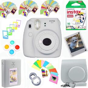 كاميرا Fujifilm Instax Mini 9 Film (أبيض دخاني) + حزمة أفلام (10 لقطات) + حافظة جلدية + فلاتر + عدسة سيلفي + ألبوم + إطارات وإطارات لاصقة حزمة تصميم Instax الحصرية in Kuwait