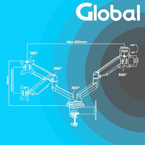 حامل شاشة مزدوج يناسب شاشة 13-30 انش، حامل مكتب لشاشة الكمبيوتر، ذراع شاشة مفصلي، حامل شاشة قابل للتعديل لشاشتين، حامل فيسا 100×100 ملم in Kuwait