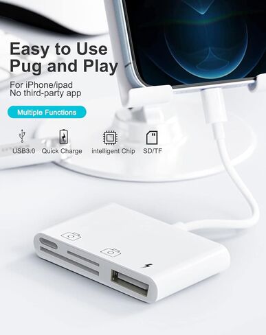 قارئ بطاقات SD TF لايفون / ايباد، مجموعات اتصال كاميرا 4 في 1 USB او تي جي، محول كاميرا USB للايفون، متوافق مع ايفون/ايباد، يدعم iOS 15. التوصيل والتشغيل in Kuwait