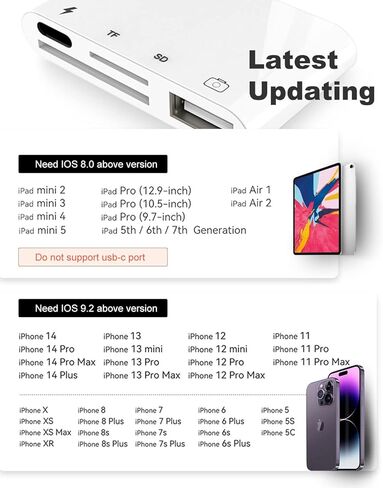 قارئ بطاقات SD TF لايفون / ايباد، مجموعات اتصال كاميرا 4 في 1 USB او تي جي، محول كاميرا USB للايفون، متوافق مع ايفون/ايباد، يدعم iOS 15. التوصيل والتشغيل in Kuwait