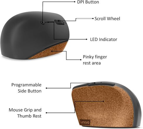 Lenovo Go ماوس رأسي لاسلكي - فأرة كمبيوتر - أزرار قابلة للبرمجة - مريح - لليد اليمنى - 2.4 جيجا هرتز - مستقبل USB - متوافق مع أجهزة الكمبيوتر الشخصية وأجهزة الكمبيوتر المحمولة - رمادي ستورم in Kuwait