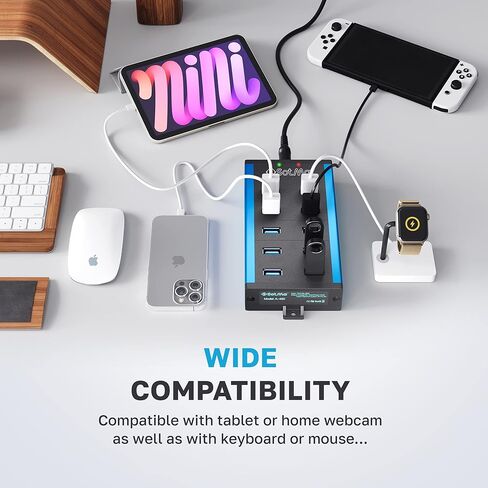 موزع USB 3.0 - موزع متعدد الامان بـ10 منافذ 3.0 مع محول - موزع USB الومنيوم مع دعامات تثبيت - منافذ USB اضافية لاجهزة اللابتوب والكمبيوتر الشخصي in Kuwait