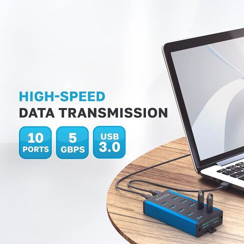 موزع USB 3.0 - موزع متعدد الامان بـ10 منافذ 3.0 مع محول - موزع USB الومنيوم مع دعامات تثبيت - منافذ USB اضافية لاجهزة اللابتوب والكمبيوتر الشخصي in Kuwait