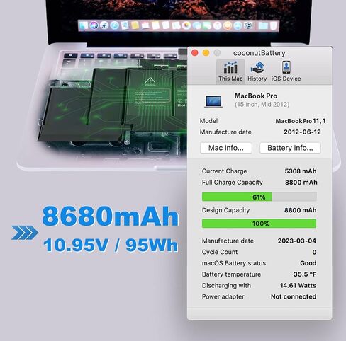 A1398 Macbook Pro Battery A1417 for Macbook pro 15 Inch A1398 (Only Mid 2012, Early 2013) [8680mAh 95Wh], Laptop Replacement Battery Model A1417 MC976LL/A MC975LL/A MD831LL/A ME665LL/A ME664LL/A in Saudi Arabia