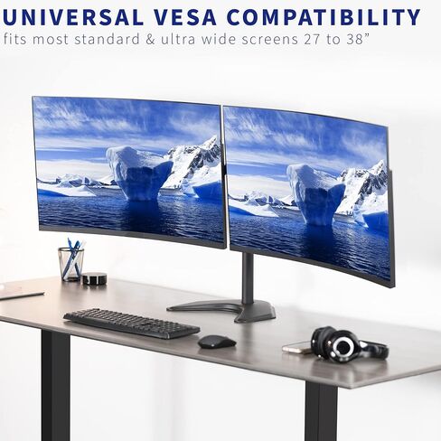 VIVO Premium Dual Ultra Wide LCD LED 27 to 38 inch Monitor Desk Stand, Heavy Duty, Free-Standing Telescoping Arms, Flush Wall Setup, Fits 2 Screens, White, STAND-TS38BW in Saudi Arabia