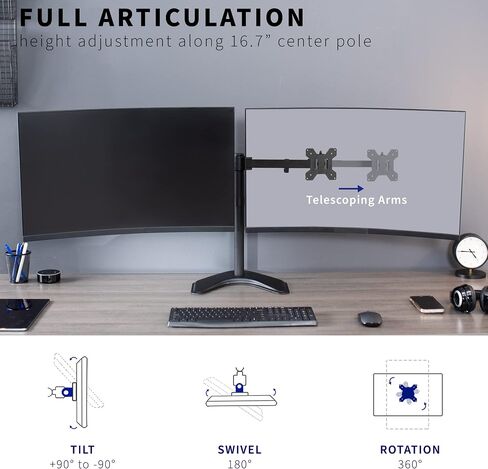 VIVO Premium Dual Ultra Wide LCD LED 27 to 38 inch Monitor Desk Stand, Heavy Duty, Free-Standing Telescoping Arms, Flush Wall Setup, Fits 2 Screens, White, STAND-TS38BW in Saudi Arabia