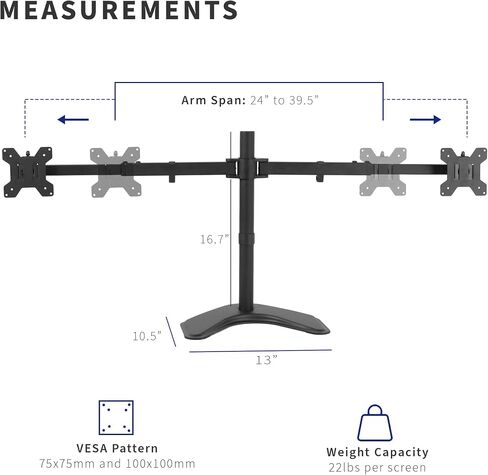 VIVO Premium Dual Ultra Wide LCD LED 27 to 38 inch Monitor Desk Stand, Heavy Duty, Free-Standing Telescoping Arms, Flush Wall Setup, Fits 2 Screens, White, STAND-TS38BW in Saudi Arabia