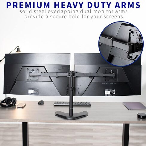 VIVO Premium Dual Ultra Wide LCD LED 27 to 38 inch Monitor Desk Stand, Heavy Duty, Free-Standing Telescoping Arms, Flush Wall Setup, Fits 2 Screens, White, STAND-TS38BW in Saudi Arabia