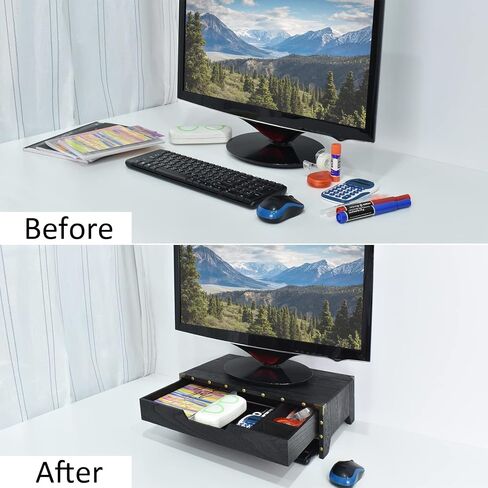 Ikee Design Wooden Monitor Stand Riser with Drawer, Wood Desktop Stands for Laptop Computer/TV/PC, Wood Clutter-Free Desk Stand with Storage Organizer,16 1/2 W x 10 1/4 D x 5 1/8 H in, Black in Kuwait