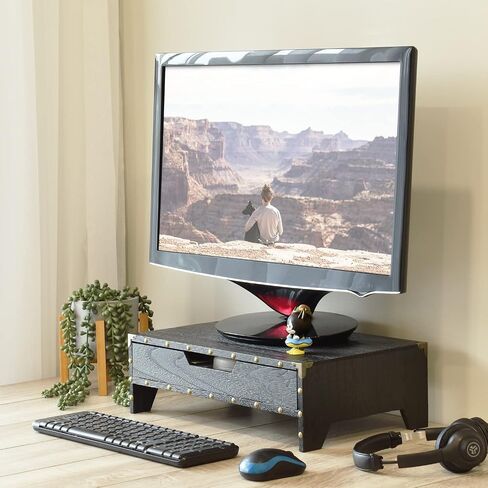 Ikee Design Wooden Monitor Stand Riser with Drawer, Wood Desktop Stands for Laptop Computer/TV/PC, Wood Clutter-Free Desk Stand with Storage Organizer,16 1/2 W x 10 1/4 D x 5 1/8 H in, Black in Kuwait