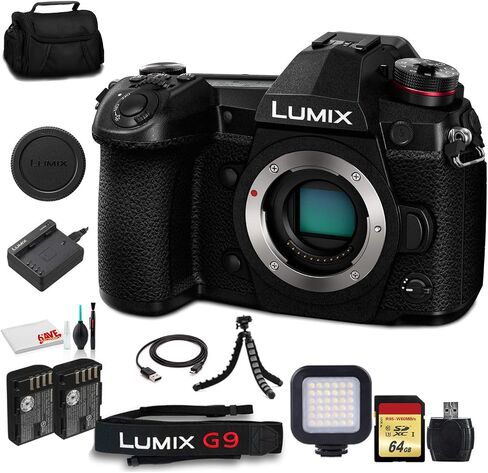 كاميرا Panasonic Lumix DC-G9 الرقمية بدون مرآة (الهيكل فقط) (DC-G9KBODY) - حزمة - مع بطاقة ذاكرة 64 جيجابايت + ضوء LED + بطارية DMW-BLF19 + حقيبة ناعمة + حامل ثلاثي القوائم مرن 12 بوصة + مجموعة تنظيف + المزيد in Saudi Arabia