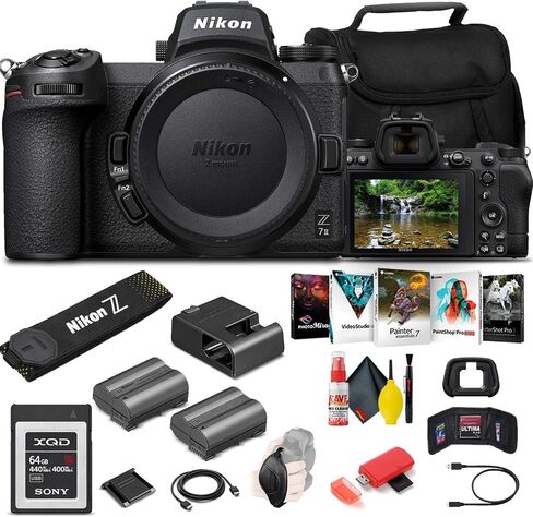 كاميرا Nikon Z 7II الرقمية بدون مرآة بدقة 45.7 ميجابكسل (الهيكل فقط) (1653) + بطاقة XQD سعة 64 جيجابايت + بطارية EN-EL15c + برنامج Corel + حافظة + قارئ بطاقات + حزام يد + المزيد - الطراز العالمي (متجدد) in Saudi Arabia
