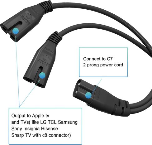سلك كابل طاقة مقسم Y متوافق مع Apple TV الجيل الأول والثاني والثالث والرابع والخامس (4K)، اثنان في واحد، C8 إلى Dual C7 in Kuwait
