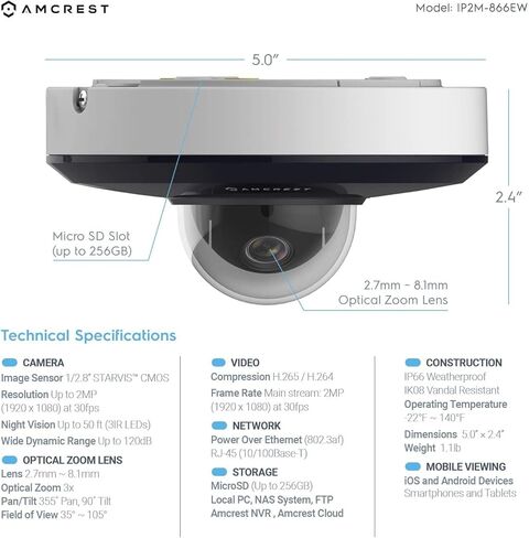 كاميرا Amcrest ProHD 1080P PTZ في الهواء الطلق، كاميرا 2MP خارجية Vandal Dome IP PoE (تكبير بصري 3X) IK08 مقاومة للتخريب، IP66 مقاومة للطقس، رؤية ليلية تصل إلى 49 قدمًا، عموم/إمالة (IP2M-866EW) (أبيض) in Saudi Arabia