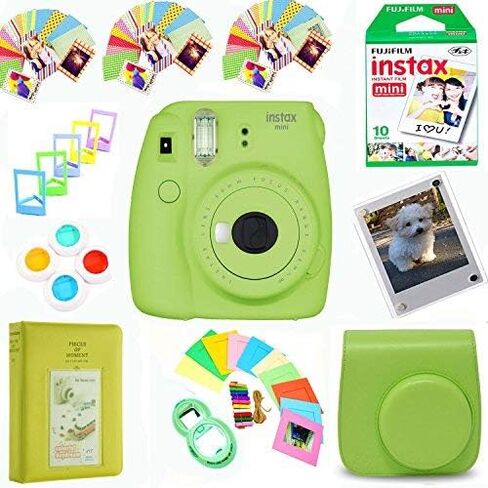 كاميرا Fujifilm Instax Mini 9 Film (أبيض دخاني) + حزمة أفلام (10 لقطات) + حافظة جلدية + فلاتر + عدسة سيلفي + ألبوم + إطارات وإطارات لاصقة حزمة تصميم Instax الحصرية in Kuwait