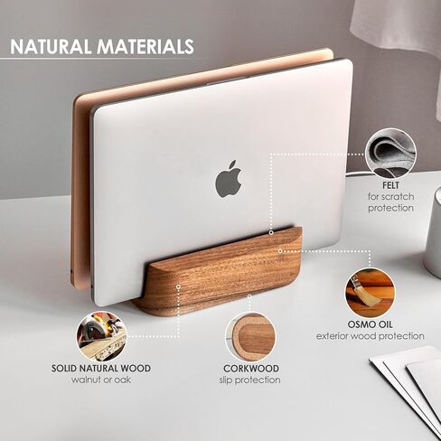 THEHRDWOOD حامل كمبيوتر محمول مزدوج حامل كمبيوتر محمول عمودي للمكتب - جميع أجهزة MacBook حامل عمودي يصل سمكه إلى 0.7 بوصة - حامل عمودي للكمبيوتر المحمول مصنوع يدويًا من الخشب الطبيعي - حامل MacBook (بلوط واحد) in Kuwait