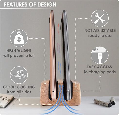THEHRDWOOD حامل كمبيوتر محمول مزدوج حامل كمبيوتر محمول عمودي للمكتب - جميع أجهزة MacBook حامل عمودي يصل سمكه إلى 0.7 بوصة - حامل عمودي للكمبيوتر المحمول مصنوع يدويًا من الخشب الطبيعي - حامل MacBook (بلوط واحد) in Kuwait