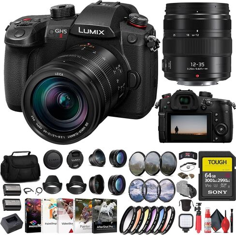Panasonic Lumix GH5 II Mirrorless Camera with 12-60mm Lens (DC-GH5M2LK) + Panasonic 12-35mm Lens + Sony 64GB Tough SD Card + Color Filter Kit + Wide Angle Lens + Telephoto Lens + More (Renewed) in Saudi Arabia