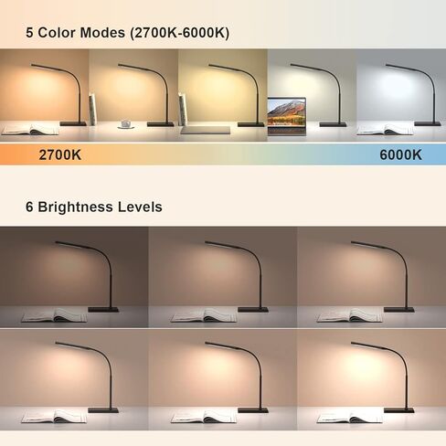 مصباح مكتب KEXIN LED يعمل باللمس مع شحن لاسلكي وشحن USB 5 أوضاع ألوان و6 مستويات سطوع مصباح مكتب للعناية بالعين مع وظيفة الذاكرة ومؤقت ساعة واحدة معقوفة مصباح طاولة أسود in Kuwait