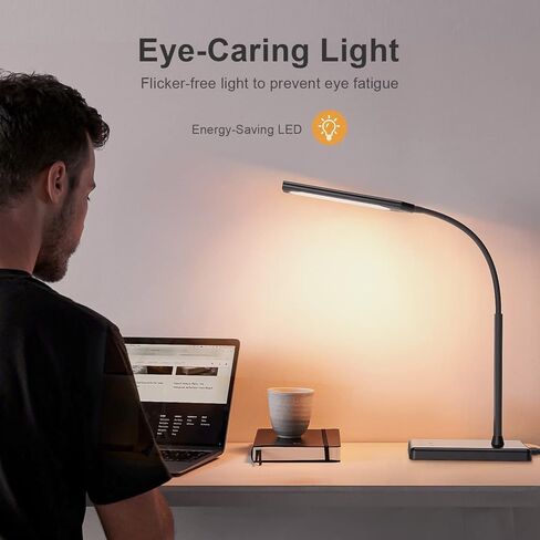 مصباح مكتب KEXIN LED يعمل باللمس مع شحن لاسلكي وشحن USB 5 أوضاع ألوان و6 مستويات سطوع مصباح مكتب للعناية بالعين مع وظيفة الذاكرة ومؤقت ساعة واحدة معقوفة مصباح طاولة أسود in Kuwait