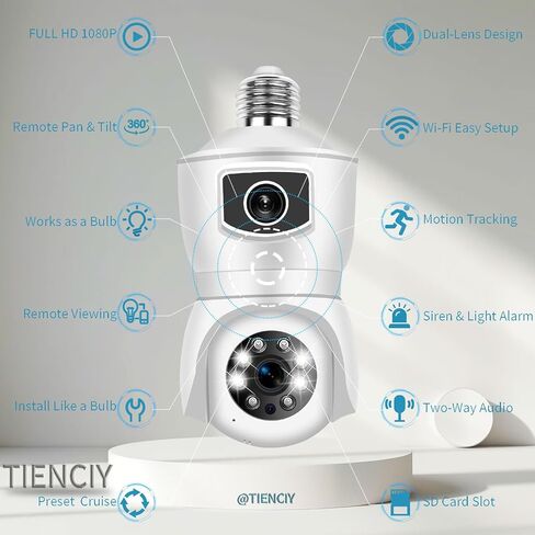 TIENCIY FHD 1080P Light Bulb Security Camera, Dual Lens 360° Wi-Fi Home Security Cameras Wireless Outdoor/Indoor Color Night Vision, Motion Tracking, Audible Alarm, Easy Installation IP Cameras in Kuwait
