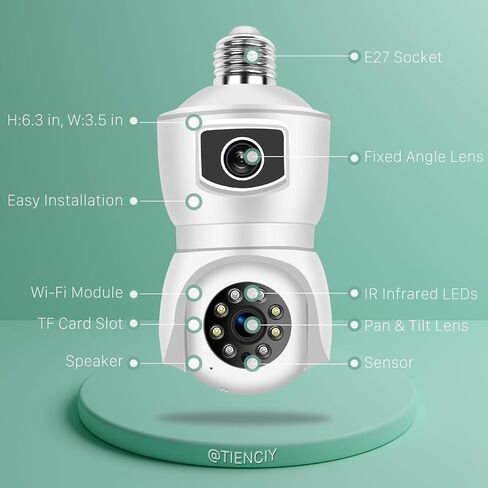 TIENCIY FHD 1080P Light Bulb Security Camera, Dual Lens 360° Wi-Fi Home Security Cameras Wireless Outdoor/Indoor Color Night Vision, Motion Tracking, Audible Alarm, Easy Installation IP Cameras in Kuwait