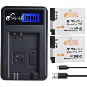بطارية Pickle Power EN-EL12، عبوتان بطاريات EL12 وشاحن USB LCD نحيف متوافق مع كاميرا Nikon Coolpix AW110، AW100، S8200، S9700، S9400، S9500، S8200، S6300، S6200، S6100 (1400 مللي أمبير، 3.7 فولت) in Kuwait