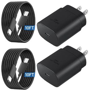 شاحن سامسونج فائق السرعة، شاحن حائط USB C بقوة 25 وات شحن فائق السرعة لهاتف Samsung Galaxy S23/S23+/S22/S22+/S22/S21 Ultra/S20 Ultra/Note 20/A14/Z Fold 5/Z Flip 5 مع كابل شاحن 10FT من النوع C (2 حزمة) in Kuwait