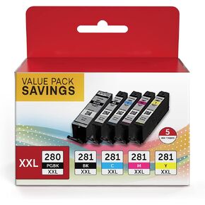 PGI-280XXL/CLI-281XXL Compatible Ink Cartridge Replacement for Canon Ink 280 and 281 Cartridge High Yield Use to PIXMA TR7520 TR8520 TR8500 TR8600 TR8620 TS6120 TS6220 TS9120 (5 Value Pack) in Kuwait