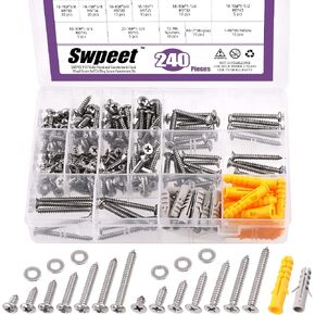 Swpeet 670Pcs 17 Sizes #4#6#8#10#12 304 Stainless Steel Phillips Flat Head and Pan Head Fast Self Tapping Drywall Screws Wood Screws Assortment Kit, Sheet Metal Screws Drive Self Tapping Screws in Kuwait