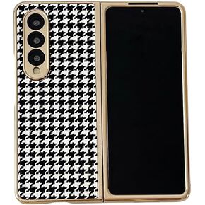Fashion Plaid Pattern Leather Phone Case for Samsung Galaxy Z Fold 5 Cover Plating Border Protective Cases for Women Compatible with Z Fold5 2023 Beige