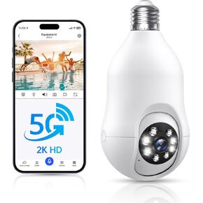 كاميرات مراقبة بمصباح كهربائي 2K لاسلكية في الهواء الطلق، 360 PTZ 5G/2.4G WiFi كاميرات لمبة إضاءة لأمن المنزل خارج المنزل، إنذار صفارات الإنذار للكشف عن الحركة 24/7 رؤية ليلية ملونة تعمل في اتجاهين مع Alexa in Kuwait