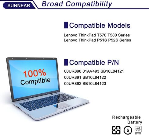 SUNNEAR 00UR891 SB10L84122 01AV493 استبدال البطارية لجهاز Lenovo ThinkPad T570 T580 P51S P52S Series 00UR892 SB10L84123 00UR890 SB10L84121 15.28V 32Wh 2095mAh 4-Cell in Saudi Arabia