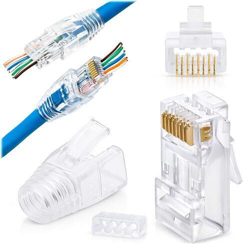 GTZ RJ45 Cat6/6a Pass Through Connectors for a Thick 23 AWG Large Diameter UTP Cable & Strain Relief Boots Pack of 100/100 - Collar Insert Guides Included in Kuwait