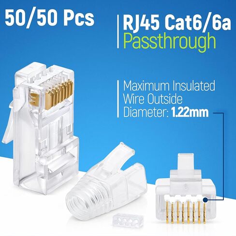 GTZ RJ45 Cat6/6a Pass Through Connectors for a Thick 23 AWG Large Diameter UTP Cable & Strain Relief Boots Pack of 100/100 - Collar Insert Guides Included in Kuwait
