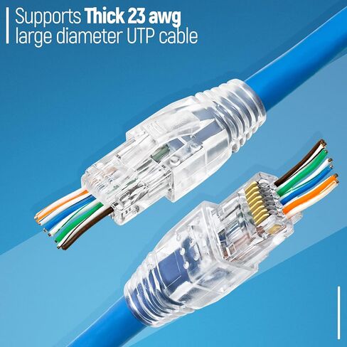 GTZ RJ45 Cat6/6a Pass Through Connectors for a Thick 23 AWG Large Diameter UTP Cable & Strain Relief Boots Pack of 100/100 - Collar Insert Guides Included in Kuwait