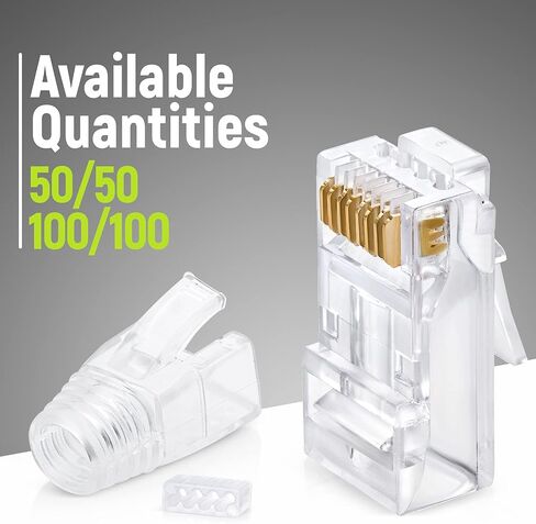 GTZ RJ45 Cat6/6a Pass Through Connectors for a Thick 23 AWG Large Diameter UTP Cable & Strain Relief Boots Pack of 100/100 - Collar Insert Guides Included in Kuwait