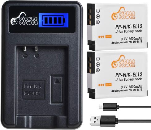 Pickle Power EN-EL12 Battery, 2 Pack EL12 Batteries and Slim LCD USB Charger Compatible with Nikon Coolpix AW110, AW100, S8200, S9700, S9400, S9500, S8200, S6300, S6200, S6100 Camera(1400mAh, 3.7V) in Saudi Arabia