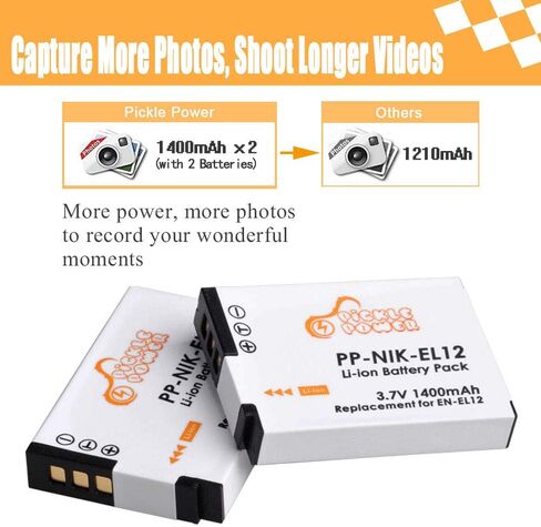 Pickle Power EN-EL12 Battery, 2 Pack EL12 Batteries and Slim LCD USB Charger Compatible with Nikon Coolpix AW110, AW100, S8200, S9700, S9400, S9500, S8200, S6300, S6200, S6100 Camera(1400mAh, 3.7V) in Saudi Arabia