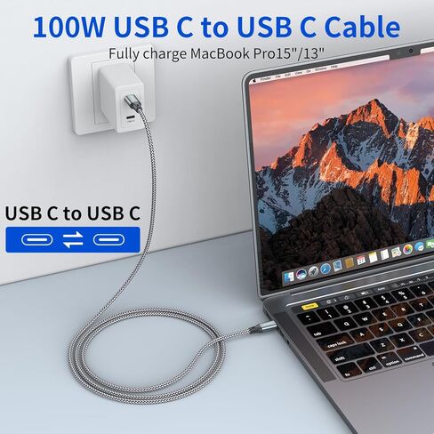 100W USB C to USB C Charger Cable, (2-Pack 5FT) Type C iPhone 15 Fast Charging Cable Compatible with MacBook Pro, iPad Pro Air, iPhone 15/15 Plus/15 Pro Max, Samsung Galaxy S23+/S22 Ultra, Pixel in Kuwait