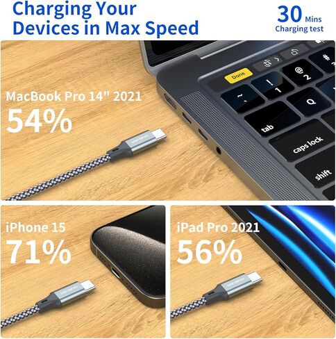 100W USB C to USB C Charger Cable, (2-Pack 5FT) Type C iPhone 15 Fast Charging Cable Compatible with MacBook Pro, iPad Pro Air, iPhone 15/15 Plus/15 Pro Max, Samsung Galaxy S23+/S22 Ultra, Pixel in Kuwait