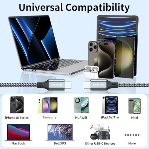 100W USB C to USB C Charger Cable, (2-Pack 5FT) Type C iPhone 15 Fast Charging Cable Compatible with MacBook Pro, iPad Pro Air, iPhone 15/15 Plus/15 Pro Max, Samsung Galaxy S23+/S22 Ultra, Pixel in Kuwait