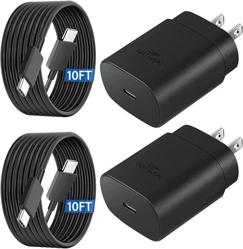 شاحن سامسونج فائق السرعة، شاحن حائط USB C بقوة 25 وات شحن فائق السرعة لهاتف Samsung Galaxy S23/S23+/S22/S22+/S22/S21 Ultra/S20 Ultra/Note 20/A14/Z Fold 5/Z Flip 5 مع كابل شاحن 10FT من النوع C (2 حزمة) in Kuwait