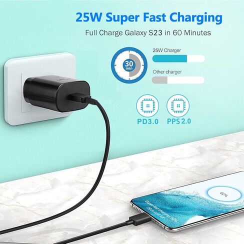 شاحن سامسونج فائق السرعة، شاحن حائط USB C بقوة 25 وات شحن فائق السرعة لهاتف Samsung Galaxy S23/S23+/S22/S22+/S22/S21 Ultra/S20 Ultra/Note 20/A14/Z Fold 5/Z Flip 5 مع كابل شاحن 10FT من النوع C (2 حزمة) in Kuwait