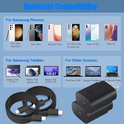 شاحن سامسونج فائق السرعة، شاحن حائط USB C بقوة 25 وات شحن فائق السرعة لهاتف Samsung Galaxy S23/S23+/S22/S22+/S22/S21 Ultra/S20 Ultra/Note 20/A14/Z Fold 5/Z Flip 5 مع كابل شاحن 10FT من النوع C (2 حزمة) in Kuwait